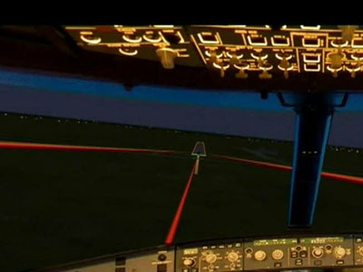  Вид на лучи лазерной глиссады из кабины пилота.